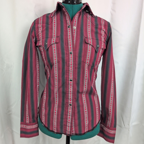 vintage Tops - Ladies' Card Suit Stripe Snap Button Western Shirt
